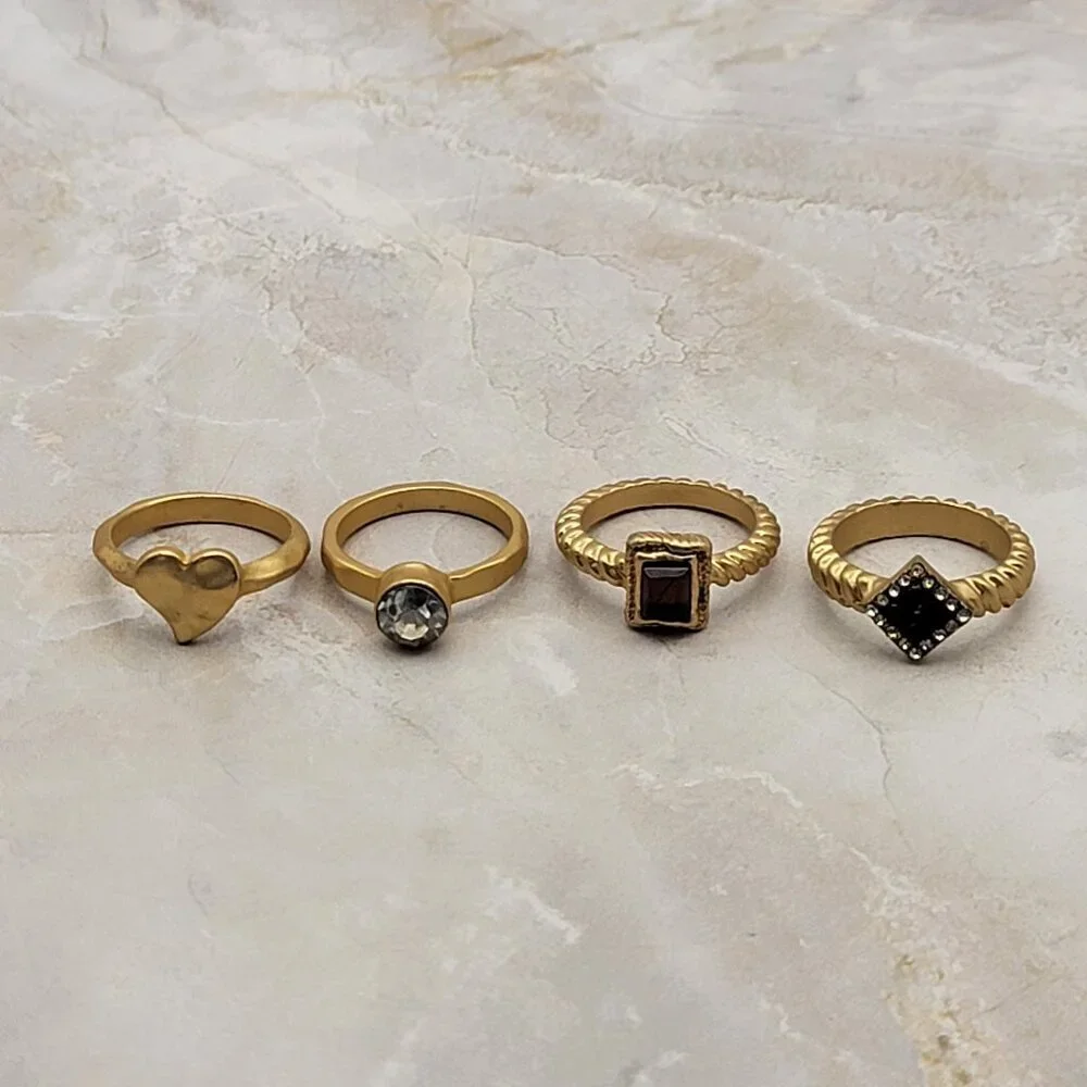 Fashion Rings Lot Of 4 Brushed Gold Solid Heart & Multicolor Rhinestones Size 7